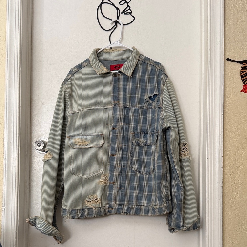 424 Men's Distressed Blue and Gray Jacket by